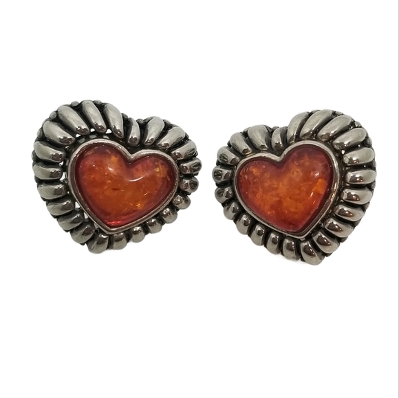 VINTAGE CHUNKY SILVERTONE & SHIMMERY AMBER COLOR CABACHON HEART EARRINGS - Picture 3 of 5